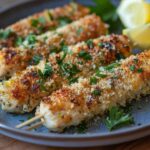 Grilled garlic Parmesan chicken skewers garnished with parsley and lemon slices.