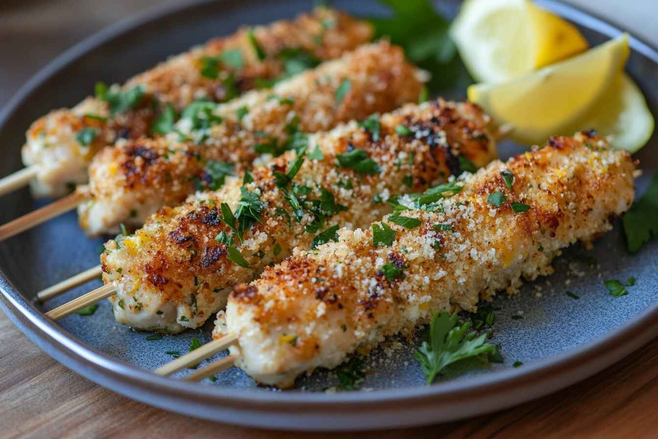 Grilled garlic Parmesan chicken skewers garnished with parsley and lemon slices.