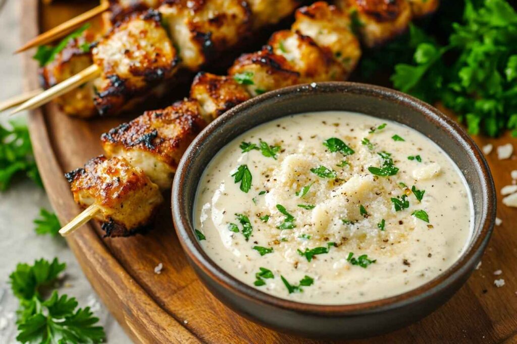 A bowl of garlic Parmesan dipping sauce next to chicken skewers on a wooden board