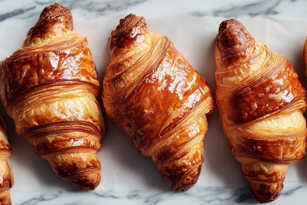 Golden croissant with a steaming cup of coffee on a rustic wooden table.