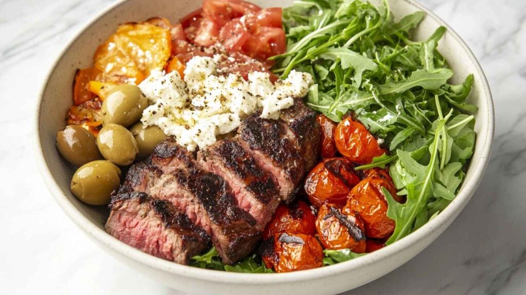 Gourmet burger bowl with grilled lamb, feta cheese, olives, and arugula.