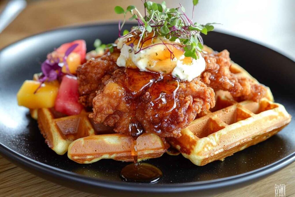 Gourmet chicken and waffles with spicy fried chicken, herb butter, hot honey, and microgreens on a black plate