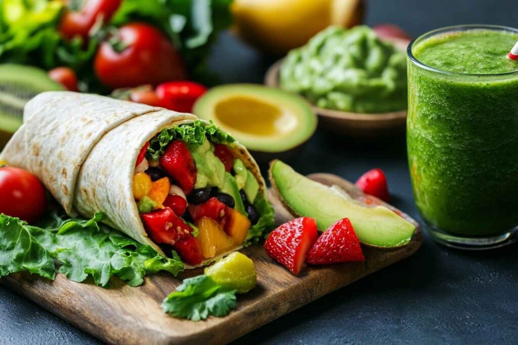 Healthy breakfast burrito with fruit and smoothie.