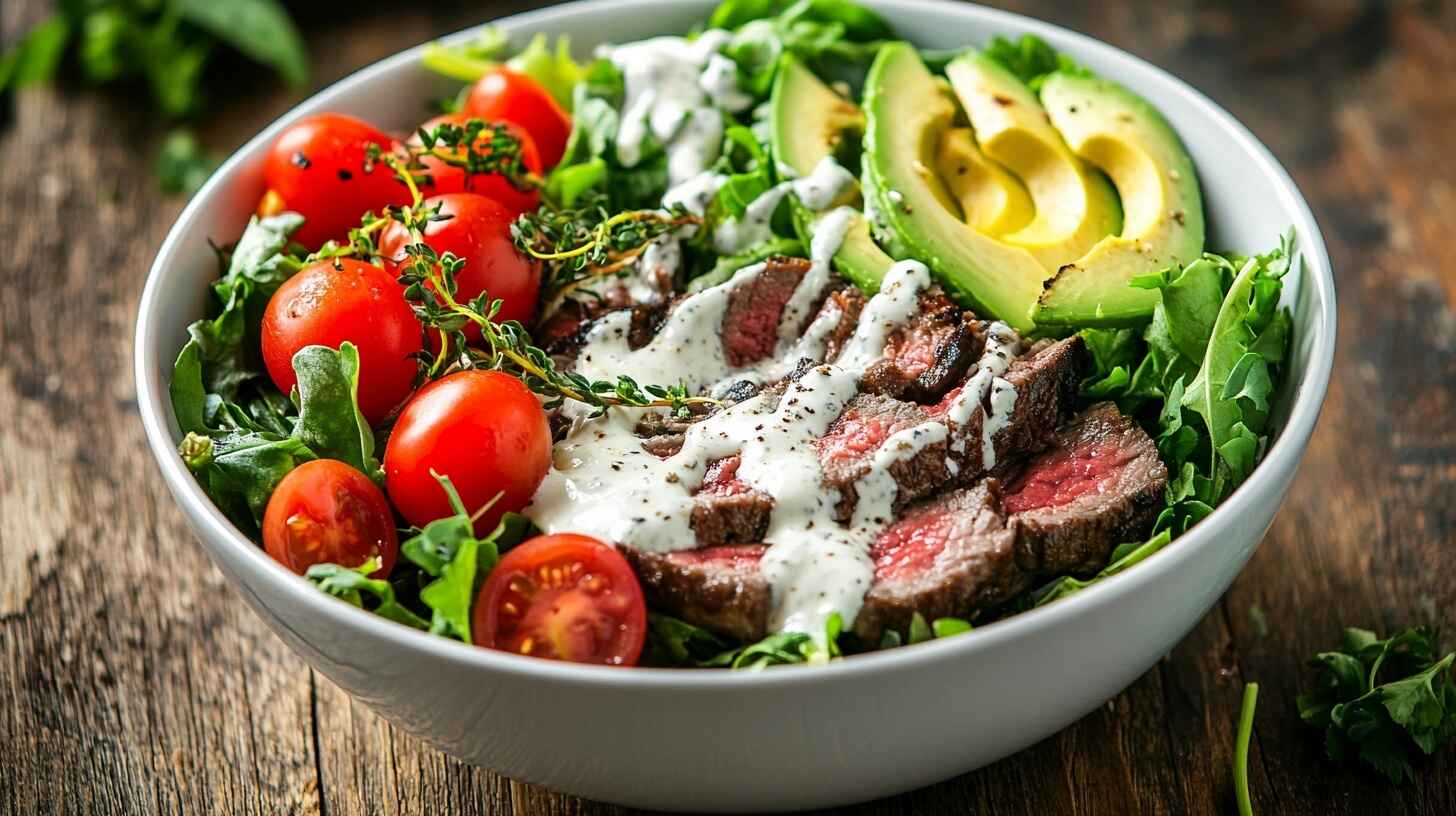 Colorful burger bowl with greens, beef, avocado, and ranch dressing