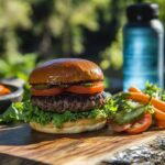 A nutritious burger with whole-grain buns and fresh vegetables, ideal for athletes