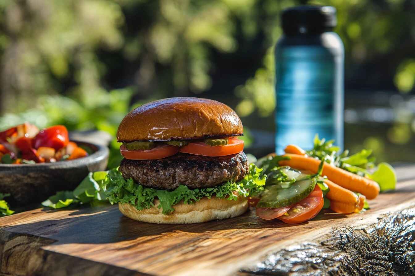 A nutritious burger with whole-grain buns and fresh vegetables, ideal for athletes