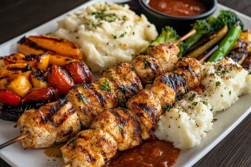 Garlic Parmesan chicken skewers served with a green salad and lemon wedge