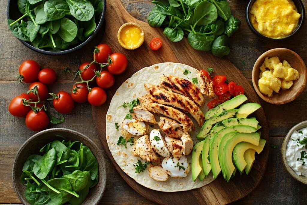 Ingredients for making a healthy breakfast burrito.