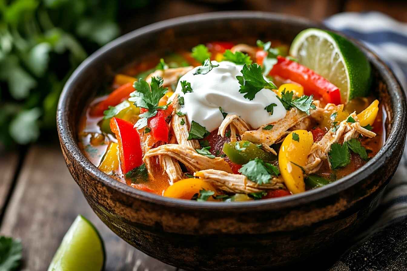 Bowl of chicken fajita soup with colorful bell peppers, shredded chicken, sour cream, and fresh cilantro on a wooden table