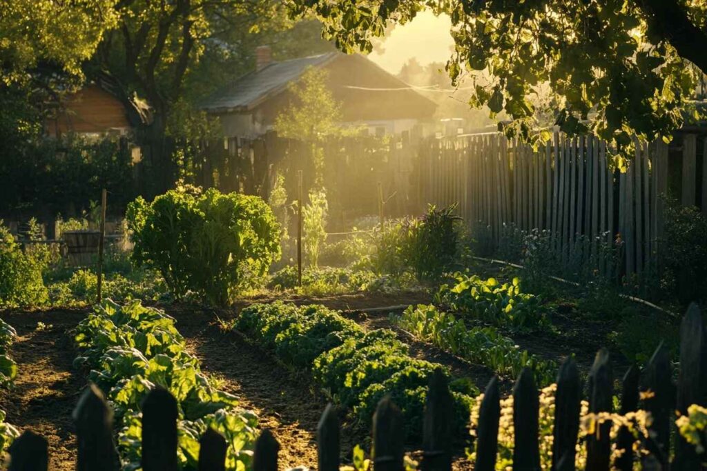 A backyard garden with kale and Swiss chard growing under morning sunlight