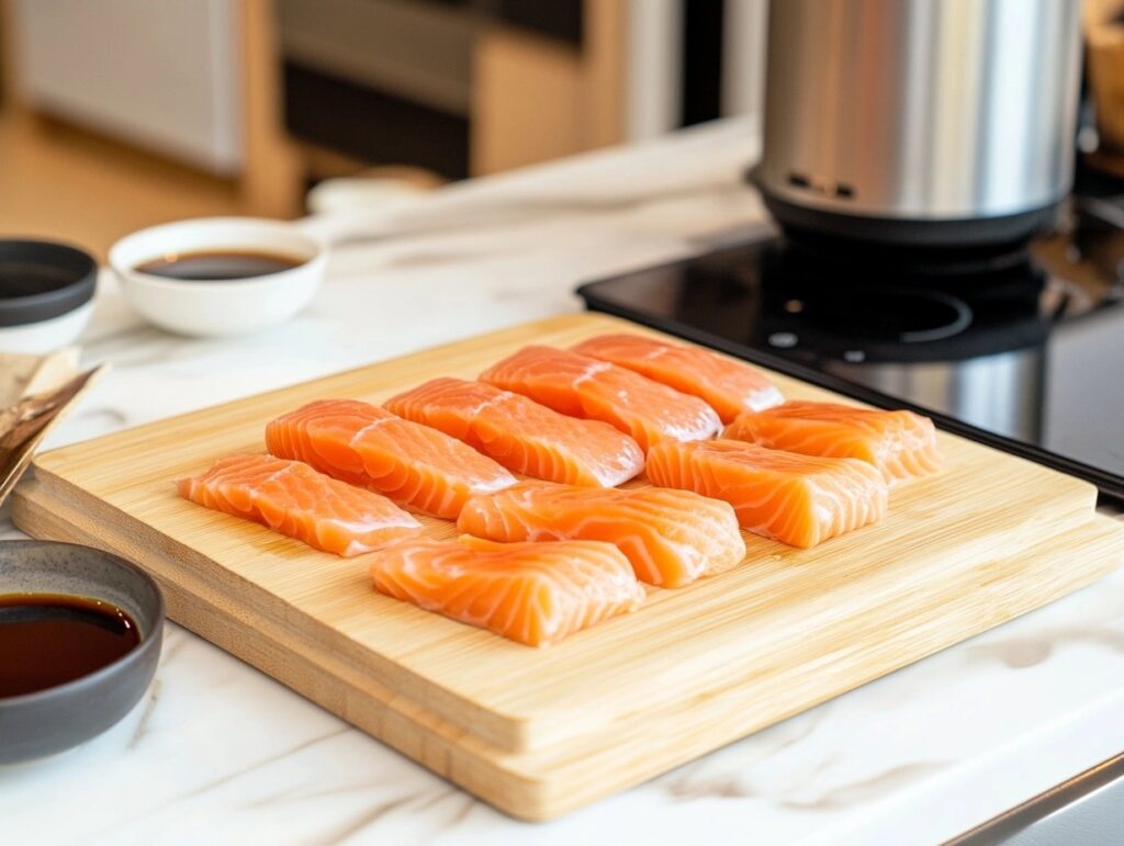 A home kitchen with tools and ingredients prepared for making Aburi salmon