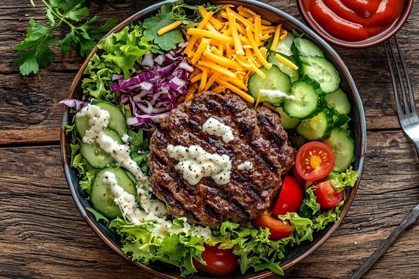 A colorful burger bowl with beef, lettuce, tomatoes, cucumbers, cheese, and dressing