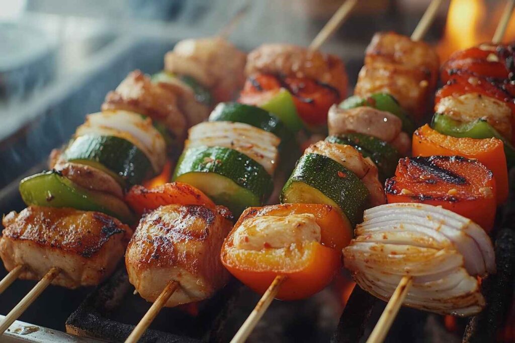 Close-up of grilled chicken and vegetable skewers on a barbecue with smoky grill marks.