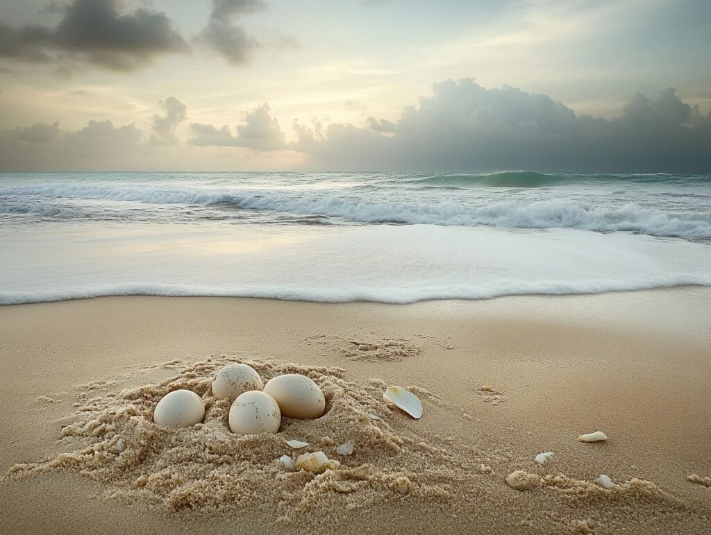 Turtle eggs on a beach with rising tides.