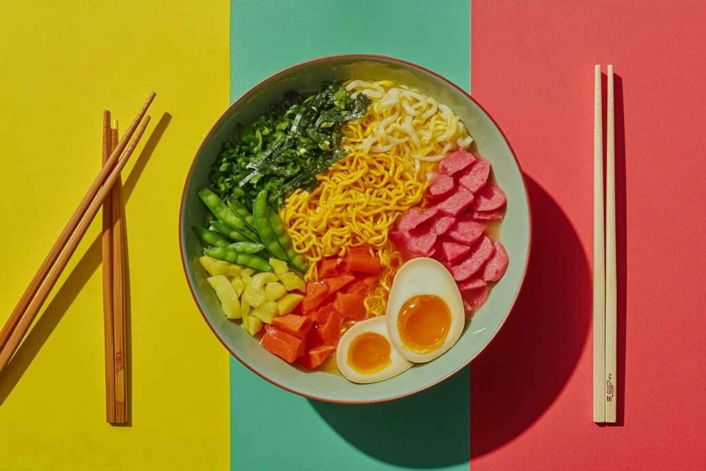 A beautifully styled ramen bowl with vibrant toppings arranged for photography