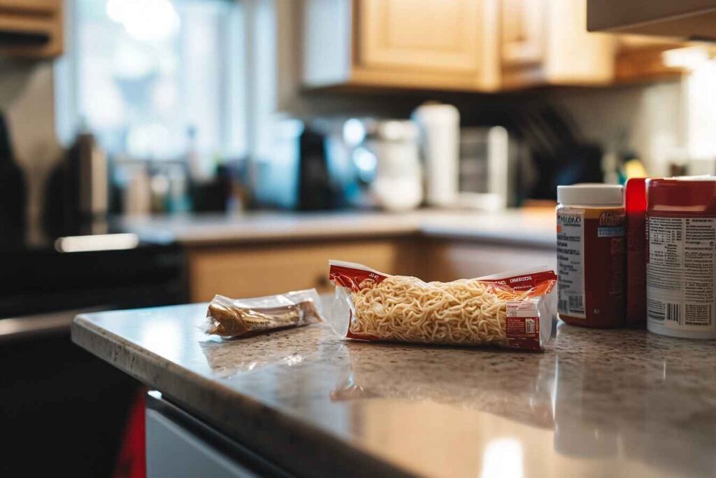 An instant ramen pack with a flavor packet on a kitchen counter, emphasizing convenience and quick preparation