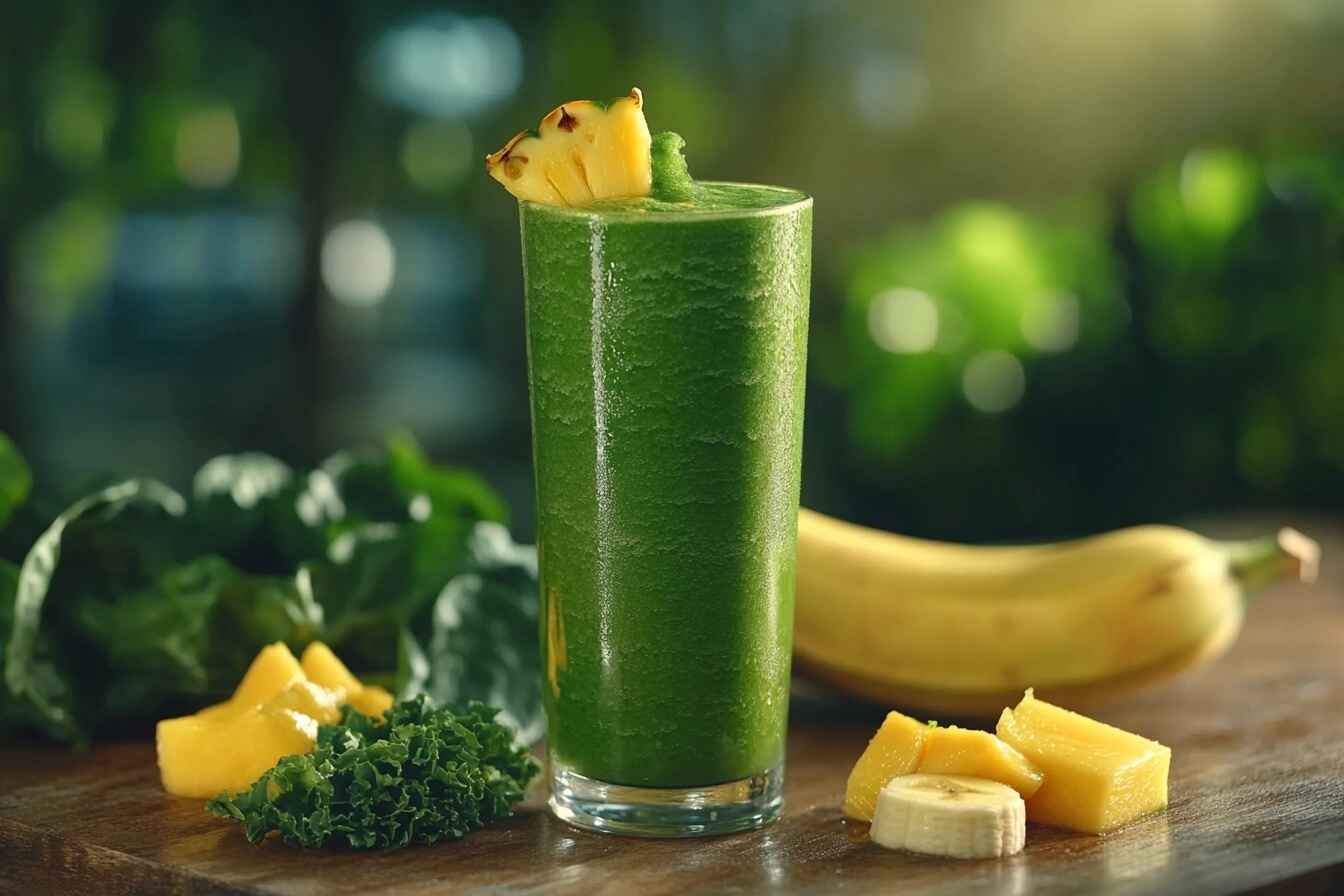 Glass of Island Green Smoothie surrounded by fresh spinach, kale, pineapple, mango, and banana