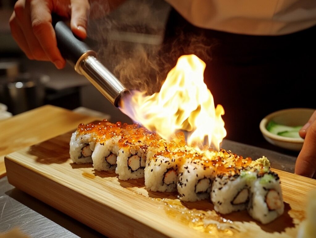 A chef applying a torch to sushi at a traditional Japanese restaurant