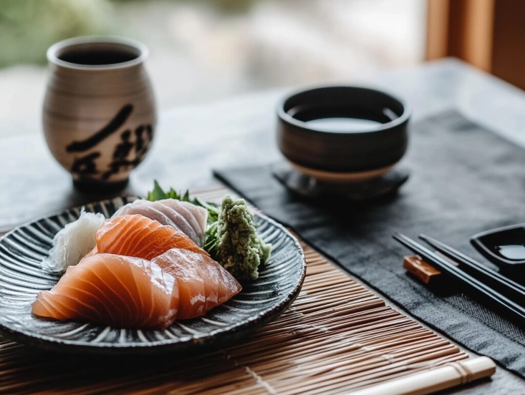 Traditional Japanese table setting with salmon sashimi.