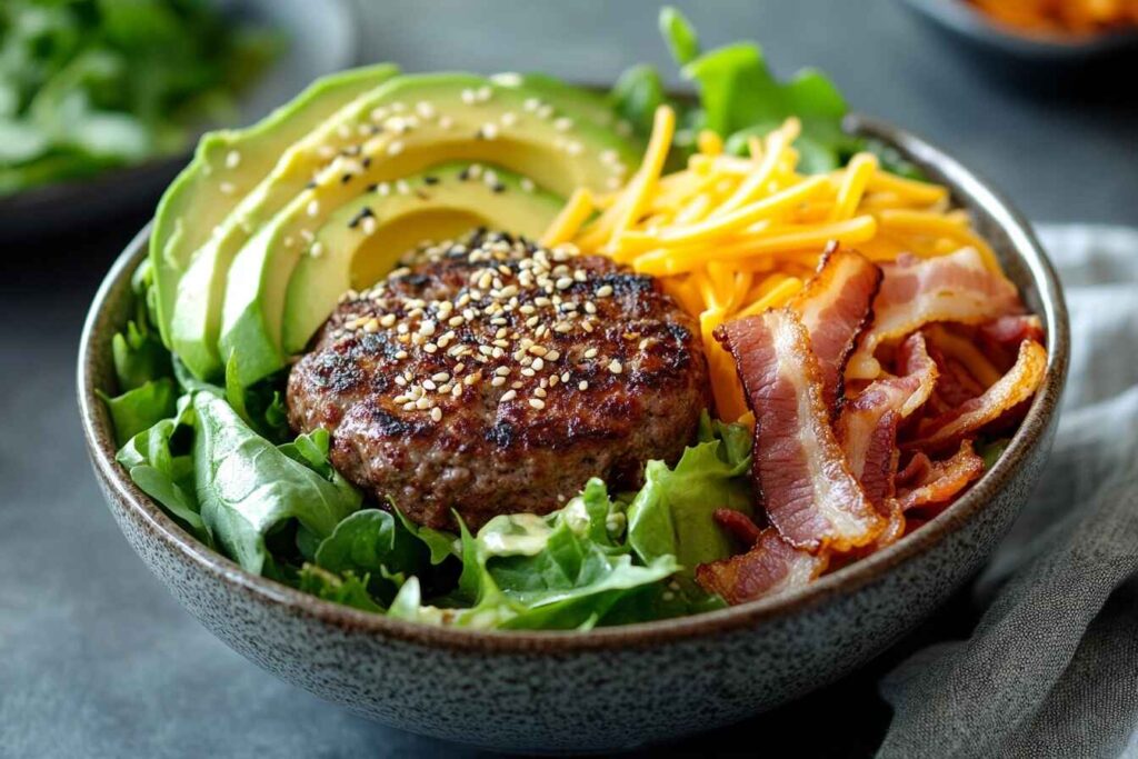 A keto burger bowl with beef, avocado, bacon, cheese, and greens