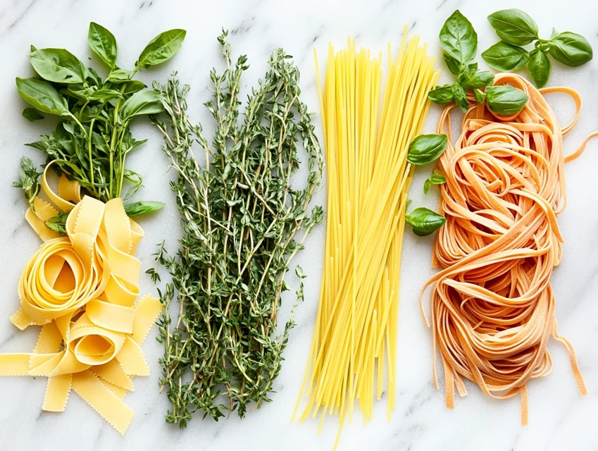 Spaghetti, linguine, and fettuccine on a marble countertop with fresh herbs