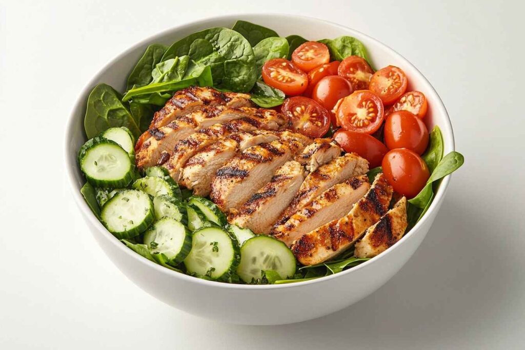 A healthy burger bowl with grilled chicken, spinach, cucumbers, and vinaigrette.