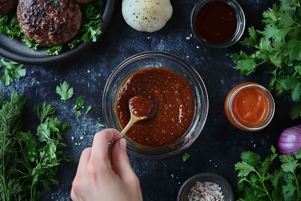 A person mixing homemade burger bowl sauce with fresh herbs and condiments on the side