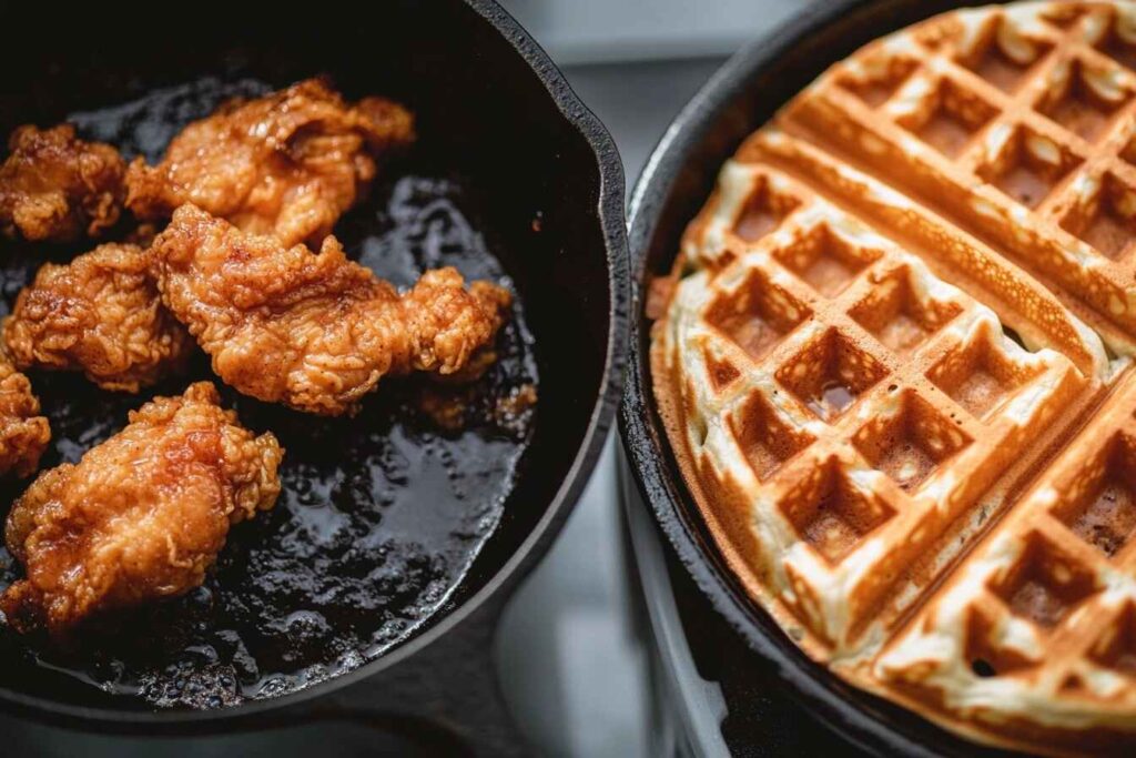 Chicken frying in a skillet and a waffle cooking in a waffle iron.