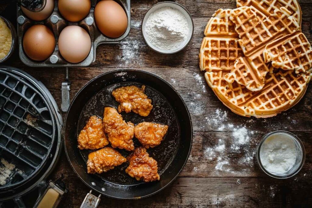 Homemade chicken and waffles preparation with fried chicken, waffles, and ingredients on a rustic counter