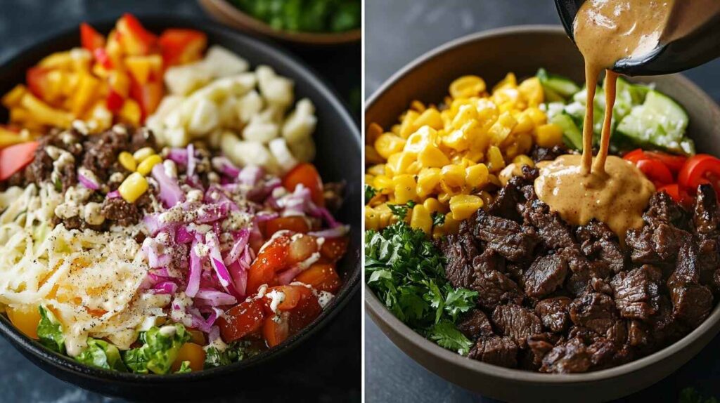 Step-by-step process of cooking beef and assembling a burger bowl