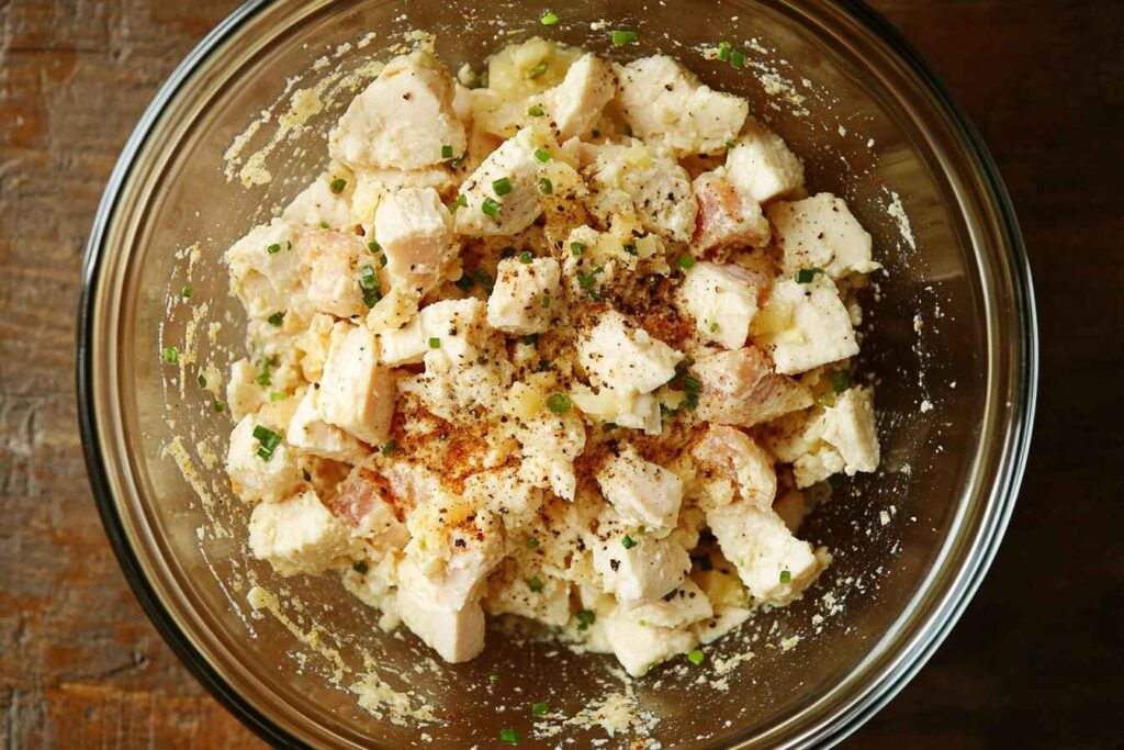 Diced chicken in a bowl being marinated with garlic, Parmesan, and spices