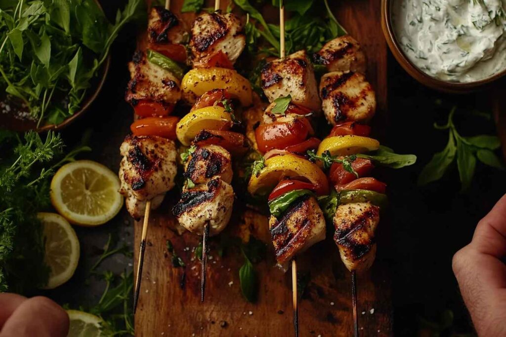 Mediterranean chicken skewers with herbs and lemon.