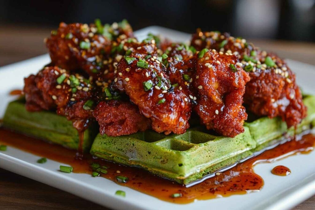 Spicy Korean fried chicken on matcha waffles with chili flakes and honey glaze, showcasing a modern variation of chicken and waffles