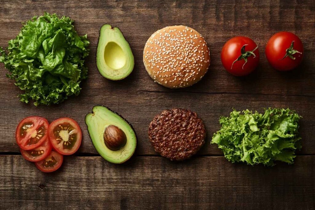 Deconstructed burger ingredients with nutritional labels for athletes.