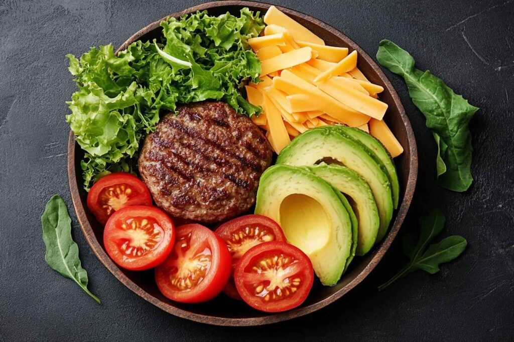 A burger bowl with labeled calorie values for beef, cheese, avocado, lettuce, and tomato