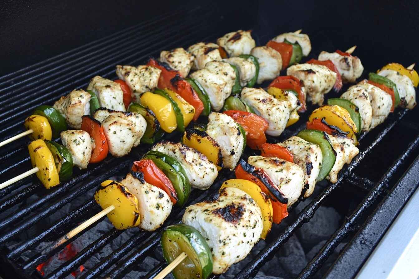 Grilled chicken skewers with vegetables on a barbecue