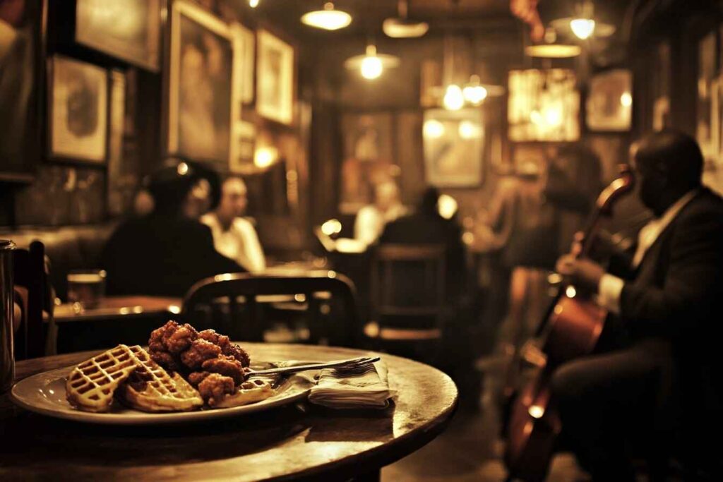 A jazz club scene from the 1930s in Harlem with a plate of chicken and waffles on a table