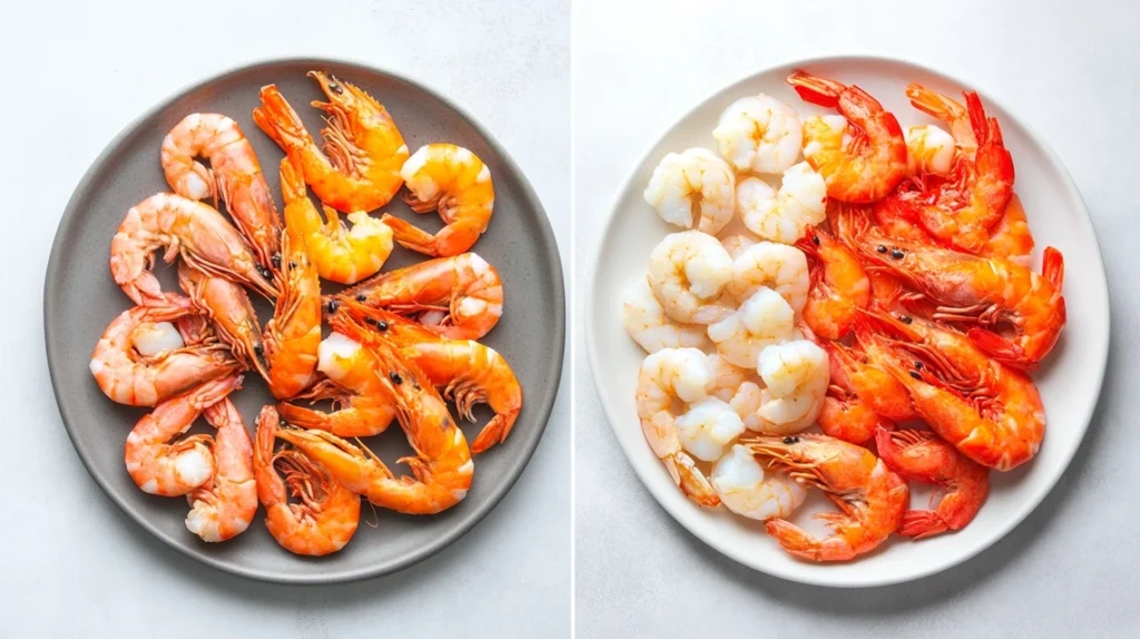 A comparison of overcooked shrimp and perfectly cooked shrimp on a plate.