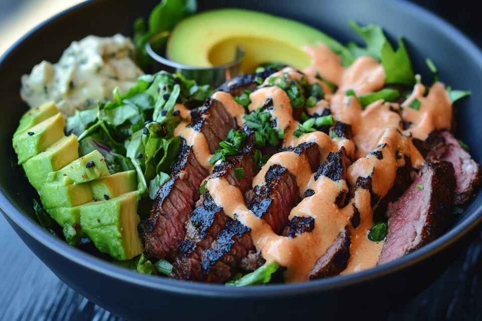 A finished Loaded Protein Bowl with fresh greens, grilled meat, avocado, and creamy sauce drizzle, ready to serve.