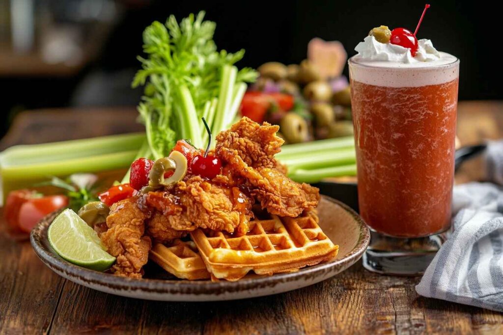 A spread featuring food alongside a vanilla milkshake and a Bloody Mary