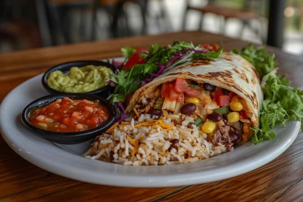 A burrito cut open to reveal vibrant layers of seasoned rice, beans, meat, and vegetables with salsa and guacamole