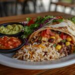 A burrito cut open to reveal vibrant layers of seasoned rice, beans, meat, and vegetables with salsa and guacamole