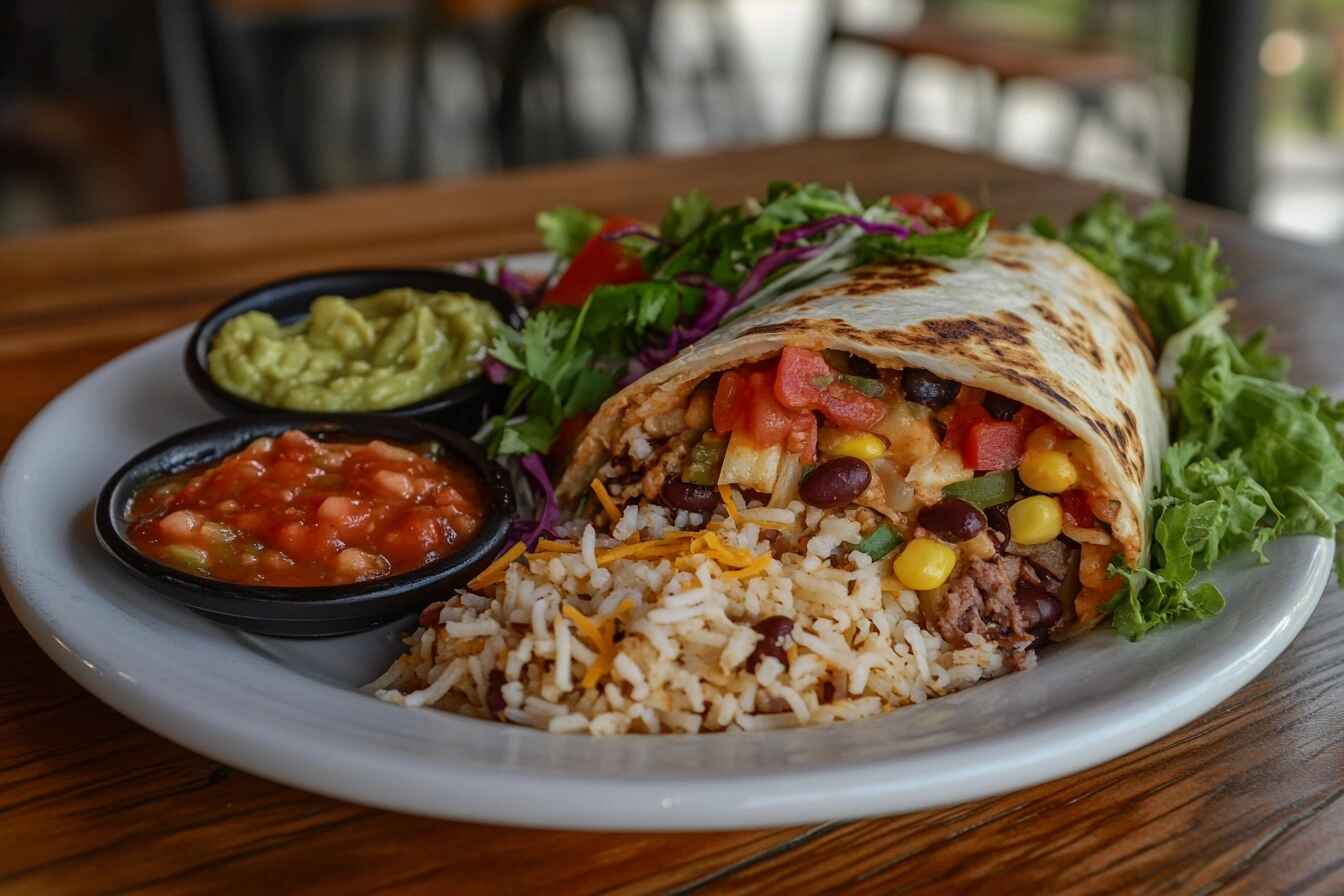 A burrito cut open to reveal vibrant layers of seasoned rice, beans, meat, and vegetables with salsa and guacamole