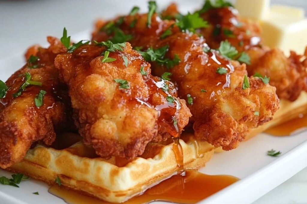 A plate of crispy fried chicken and fluffy waffles drizzled with maple syrup and garnished with parsley.