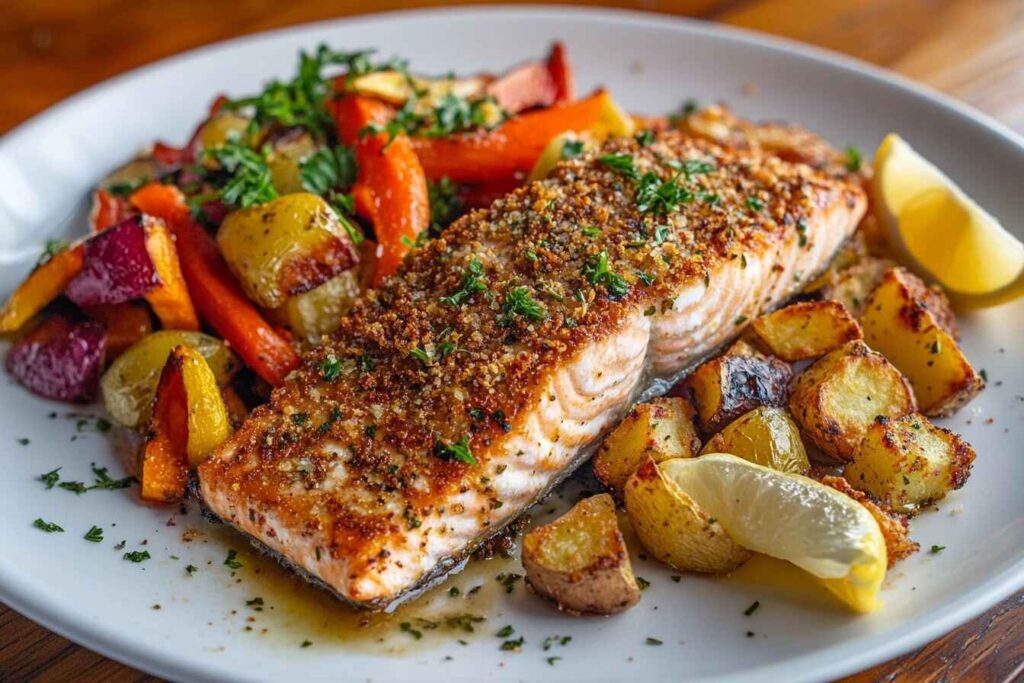 Plate of roasted salmon with crispy potatoes and vibrant veggies garnished with parsley and lemon
