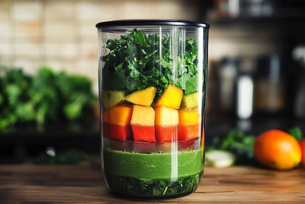 A blender filled with layers of spinach, kale, mango, pineapple, banana, and liquid before blending
