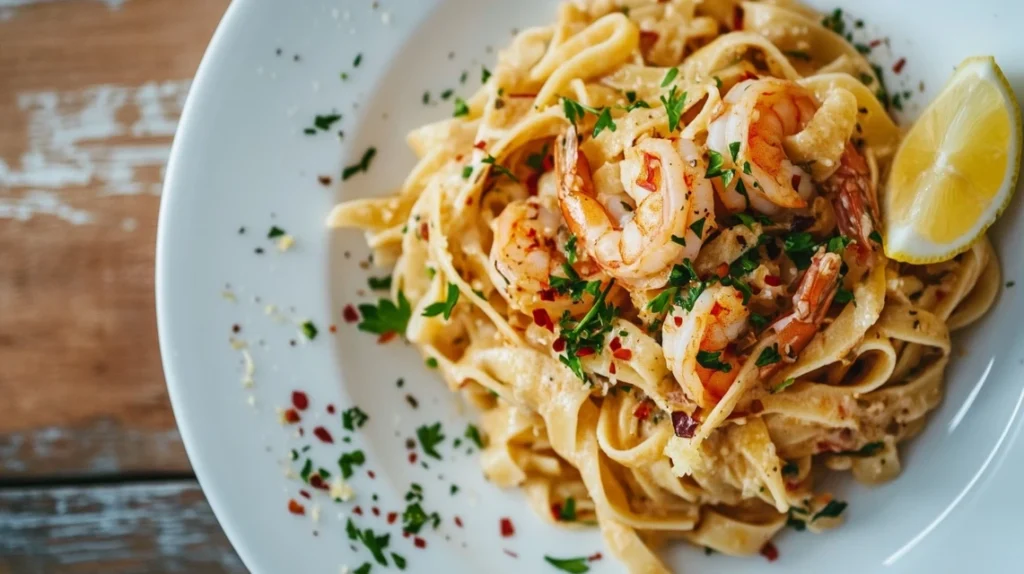 Shrimp pasta on a white plate, garnished with parsley, chili flakes, and lemon wedge