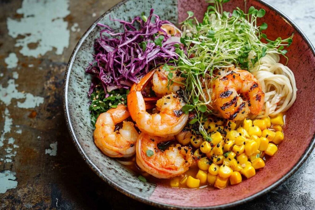 A bowl of ramen with unique additions like shrimp, kimchi, corn, and microgreens