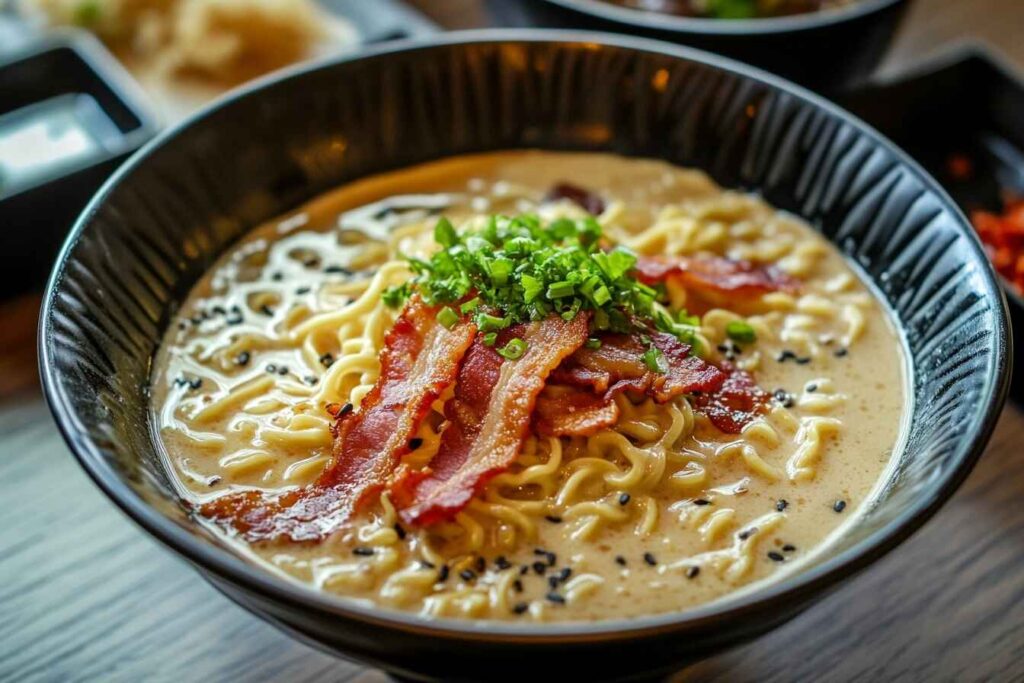 A fusion dish of ramen noodles in creamy carbonara sauce with bacon and Parmesan