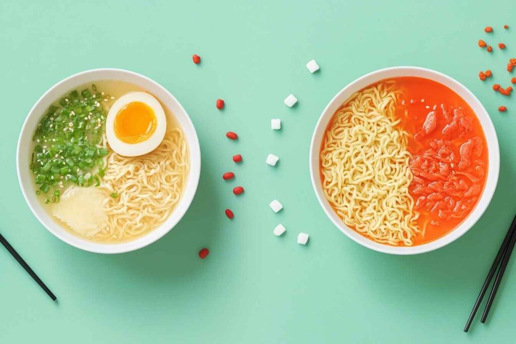 An infographic comparing the nutritional values of instant ramen and fresh ramen, including calories and sodium levels